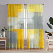 Yellow Window Curtain Abstract Sheer Rod 2 Panels/ 52"W x 84"L Yellow Grey