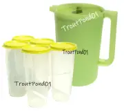 Tupperware Pitcher Gallon + 16 oz Set 5 Tumblers Push Button Seal Basil Green