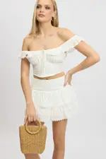 White Mini Skirt High Rise Shirred Waist Broidery Eyelet - Size 14L, Women's Mini Skirt