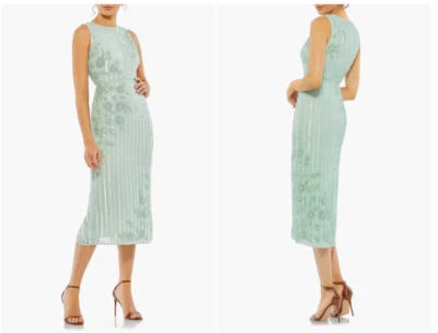MAC DUGGAL 70260 SEQUIN STRIPE & FLORAL SEAFOAM SHEATH MIDI DRESS sz 16