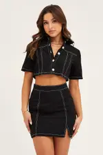 Black Contrast Stitch Button Up Top - Size 14, Women's Denim Jacket
