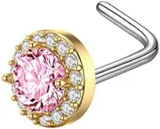 [Niaspi] 20G L-Shaped Pink CZ Nose Stud Rings Sparkling Rhinestone Round Disc Nose Ring Studs Hypoallergenic 316L Surgical Steel Nose Nostril Piercing Jewelry for Women