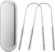 BERZO 2PCS Stainless Steel Tongue Scraper Oral Tongue Cleaner with Metal Storage Box Mouth Tongue Cleaning Brush Fresh Breath Maker Oral Care Kit