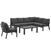Jervis 7-Seater Charcoal Aluminium Outdoor L-Shaped Sofa Lounge Set with Coffee Table – Dark Grey Cushions