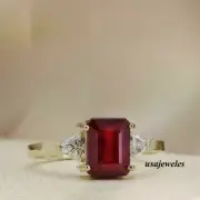2.45CT Emerald Cut Real Red Ruby 14K Yellow Gold Finish Women's Jewelry Ring