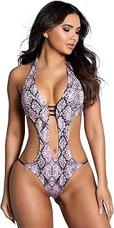 [Yandy] Snake Print Monokini Halter Ties Open Bodice Strappy Bottom One Piece Swimsuit