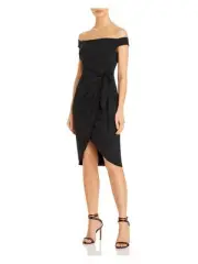 AIDAN AIDAN MATTOX Womens Black Lined Self Tie at Waist Faux Wrap Dress 0