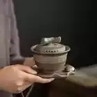 Crude Pottery Gilt Lotus Fragrance Cover Bowl KungFu Tea Set Iron Glaze Tea Bowl