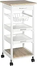 HOMCOM Mobile Rolling Kitchen Island Trolley Serving Cart with Underneath Drawer & Slide-Out Wire Storage Basket, White