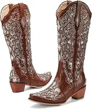 LingxiaUne Western Cowboy Boots with Wide Calf Cowgirl Boots Women Sparkly Rhinestone Wedding Boots Trendy Vintag Tall Glitter Boots with Embroidery and Chunky Heel for Daily Wearing|Office|Party