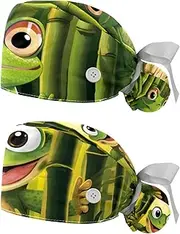 [YTYVAGT] 2-Pc,Nurse Scrub Caps,Scrub Hats with Buttons and Cotton Sweatband,Jungle Animal Frog Plant Pattern