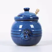 Cutiset Ceramic Honey Pot with Lid and Dipper, 20Oz Rustic Honey Jar (Blue)