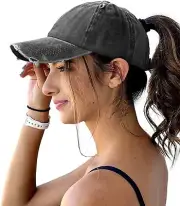 Womens Distressed Ponytail Baseball Cap Cotton Dad One Size, Black