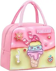 Kawaii Kitty Cat Insulated Lunch Bag with Pin for Women, Reusable Large Capacity Lunch Box, Leakproof Lunch Tote Bag with Front Pocket, Lunchbox Container Thermal Cooler Bag Food Handbags for Work