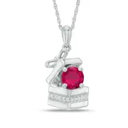 6.0mm Lab-Created Ruby and Diamond Accent Gift Box Pendant in Sterling Silver