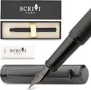 Scrivi Pens Luxury Fountain Pen Set-[Black] Fountain Pens for Writing - Smooth Medium Nib - Includes Refillable Ink Converter, 5 Ink Cartridges [Black & Blue], Gift Box - Elegant Calligraphy