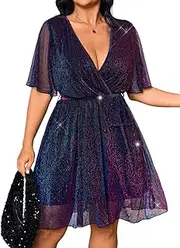 [Wellwits] Women's Plus Size Metallic Silver Front Wrap Tie Waist Sheer Mesh Dress