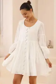 Sweeney Mini Dress - Scoop Neck Big Button Down Tiered Dress in White