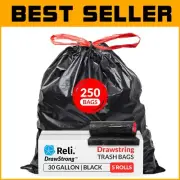Tear-Resistant 30 Gallon Trash Bags - 250 Count Black with Drawstring Handles