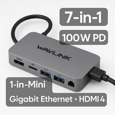 Wavlink 7‑in‑1 USB‑C Mini Dock – HDMI, USB 3.0, SD, 100W PD – Compact Powerhouse