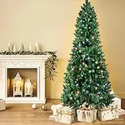 SANTACO Prelit Christmas Tree 2.4M with Led Lights,8FT Slim Pencil Xmas Decoration Tree with 500pcs String Fairy Lights,8 Lighting Mode,Metal Stand,Easy Assembly