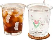 Set of 2 Stackable Drinking Glasses Flower Rabbit Glass Cups for Juice,Iced Coffee Latte,Milk,Tea,Cocktail,Whiskey,Dessert,Mixed Drinkware Glassware(purple pink)