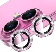 For iPhone 16 /iPhone 16 Plus Camera Lens Protector Bling, 9H Tempered Glass Camera Cover Screen Protector Metal Ring Decoration Accessories(White Diamond, Phone 16/16Plus) (Pink glitter)