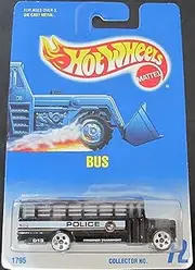 Police Bus, Hot Wheels #72-black,bars on Windows, 5 Dot Wheels on Blue-white Card