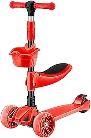 Children's Three-Wheeled Scooter with LED Illuminated Wheels, Foldable and rotatable seat, with a Load of up to 100 kg, Suitable for Children Over 3 Years Old(Red 5cm Flashing Wheel + seat)