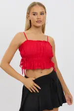 Red Cami Top Ruched Side Bow Linen Blend - Size 12, Women's Cami