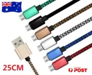 2x Micro USB Data Sync Charge Cable 25cm Short Braided Cord Metal Plug AU Stock