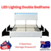Modern Levede Double Bed Frame - LED Headboard, USB Ports, 4 Drawers