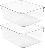 [Amtido] Drawer Organiser Tray Set - Clear Plastic Containers for Kitchen Utensils, Cosmetics, Food, and Stationery - Use in Drawers, Cupboards, Fridge, and Countertops (2 Pack - 15.2 x 20.3 x 8.3)