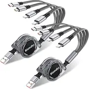 Multi Charging Cable 3A 2Pack 4 in 1 Retractable USB Cable Fast Charger Cord with IP/Type C/Micro USB Port for Phone 13 12 11 Xs Xr X/Tablets/Samsung Galaxy/Huawei/Sony/LG/HTC/Ps4 5… (Grey)