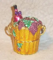 Rare Vintage Ruccini ? 2-1/4" trinket box WINE BUCKET w gems, grapes, leaves HTF