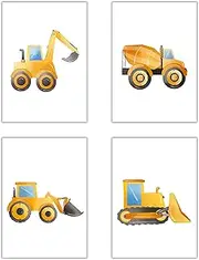 Poster Set Children's Room Boy Pictures Baby Room Poster Set of 4 Construction Site Digger Construction Vehicles (DIN A4, without Frame)