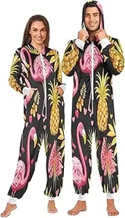[ZZXXB] Tropical Flamingo Pineapples Onesie Pajamas for Adult Women Men Long Sleeves One Piece Onesies Hooded Sleepwear S - XL