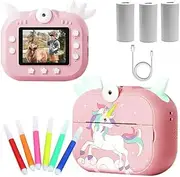 Kids Camera Instant Print, Girls & Boys Zero ink Print Photo Selfies Video Digital Camera with Photo Paper Print Rolls, 16GB Micro SD Card, Birthday, (Pink)