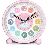 HZDHCLH Kids Learning Alarm Clock for Girls, Silent Small Cute Table Clocks Battery Powered, 4 inch Analog Alarm Clock for Bedrooms (Pink Rabbit)