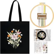 JSRQT Canvas Tote Bag Embroidery Kit, Full Range Embroidery Starter Kit with Flower Pattern, Stamped Cross Stitch Kit for Beginners Adults, Hand Sewing Craft Embroidery Bag Kit with Instruction, Black