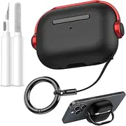 T Tersely [with Safety Lock] for Airpods 4(2024) Generation Case Cover Cleaning Kit, Premium Clear Case TPU Keychain Hook,Supports Wireless Charging,Shockproof Protection-Black (Black+Red)