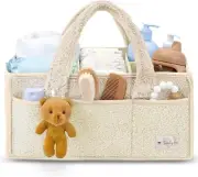 Baby Diaper Caddy Organizer Bag, Portable Soft Sherpa Nursery Basket, Ivory, NEW