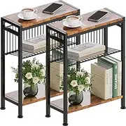 Narrow Side Table, Set of 2, 3 Shelves, Narrow Bedside Table with Magazine Holder, Sofa Side Table, Coffee Table Small for Living Room, Bedroom, Kitchen & Balcony, Study (Vintage Brown)