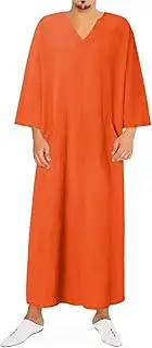 [Generic] Casual Jalabiya Men Long Sleeve V Neck Muslim Robe Kaftan Thobe with Pockets