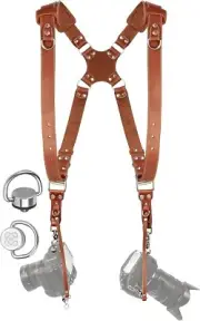 C Coiro Camera Harness for 2 Cameras; Dual Shoulder Leather Camera Strap - Tan