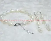 9-10mm Real Natural White Baroque Cultured Pearl Bracelet Earrings Set 7.5"