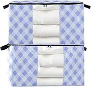 Blue and White Checkered 60/95 L zippered toy storage with Reinforced Handles, clear window containers with lids for King Comforter Bedding Pillow Sheet