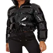 Nevenka Womens Cropped Puffer Jacket Y2K Zip Up Bubble Coats-Black