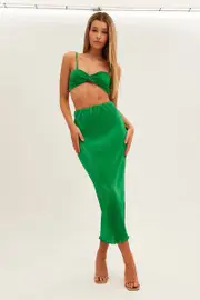 Green Plisse Skirt Maxi High Rise - Size 12, Women's Maxi Skirt