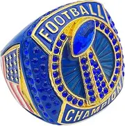 Discount Sports Rings, FOOTBALL CHAMPION RING — Player Award, assorted colors and gemstones (Blue), Non-Precious Metal, Quartzite